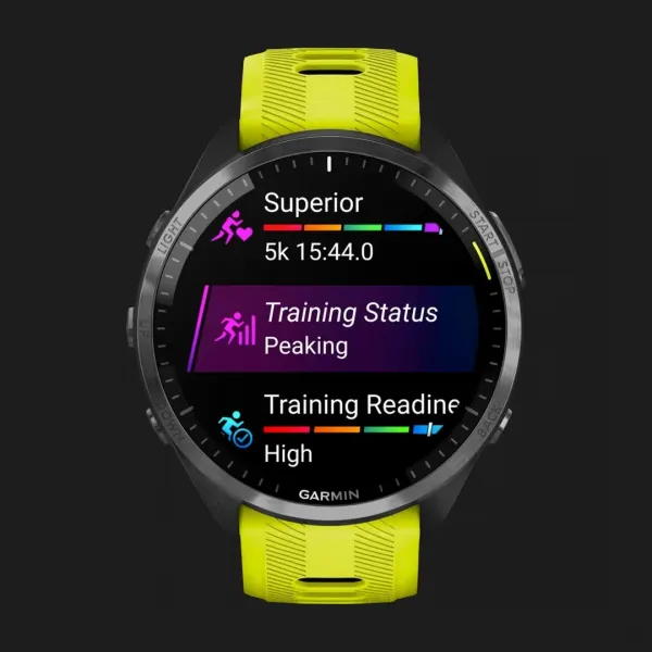 Garmin Forerunner 965 Carbon Gray DLC Titanium Bezel with Black Case and Amp Yellow/Black Silicone Band